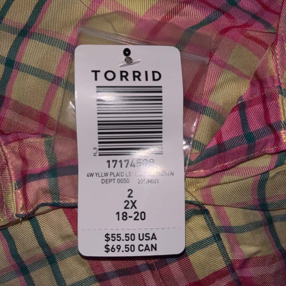 Torrid Pink & Yellow Plaid Button Down Shirt, Size 2X - Picture 2 of 2